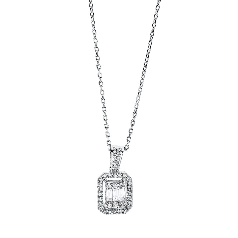 Collier 18 kt WG, mit Öse, 3 Bag. 0,07 ct, F-si, 33 Brill. 0,14 ct, F-si