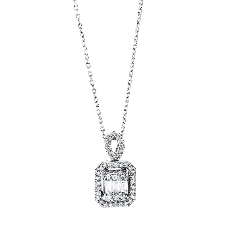 Collier 18 kt WG, mit Öse, 3 Bag. 0,11 ct, TW-si, 43 Brill. 0,22 ct, TW-si