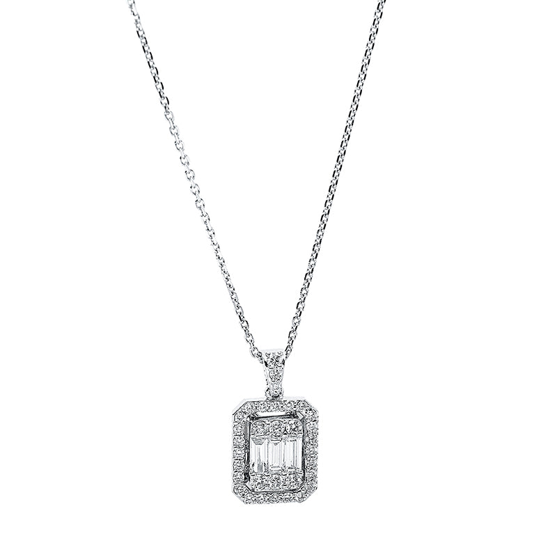 Collier 18 kt WG, mit Öse, 3 Bag. 0,21 ct, TW-si, 33 Brill. 0,30 ct, TW-si