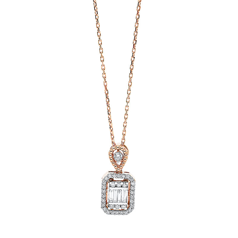 Collier 18 kt RG, Fassung rhodiniert, 1 Brill. 0,03 ct, TW-si, 4 Bag. 0,08 ct, TW-si, 32 Brill. 0,15 ct, TW-si