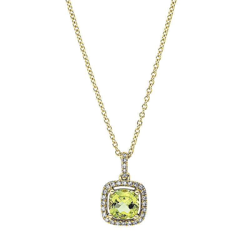 Collier 18 kt GG, mit ZÖ 42 cm, 29 Dia. 0,11 ct, TW-si, 1 Peridot 0,97 ct grün
