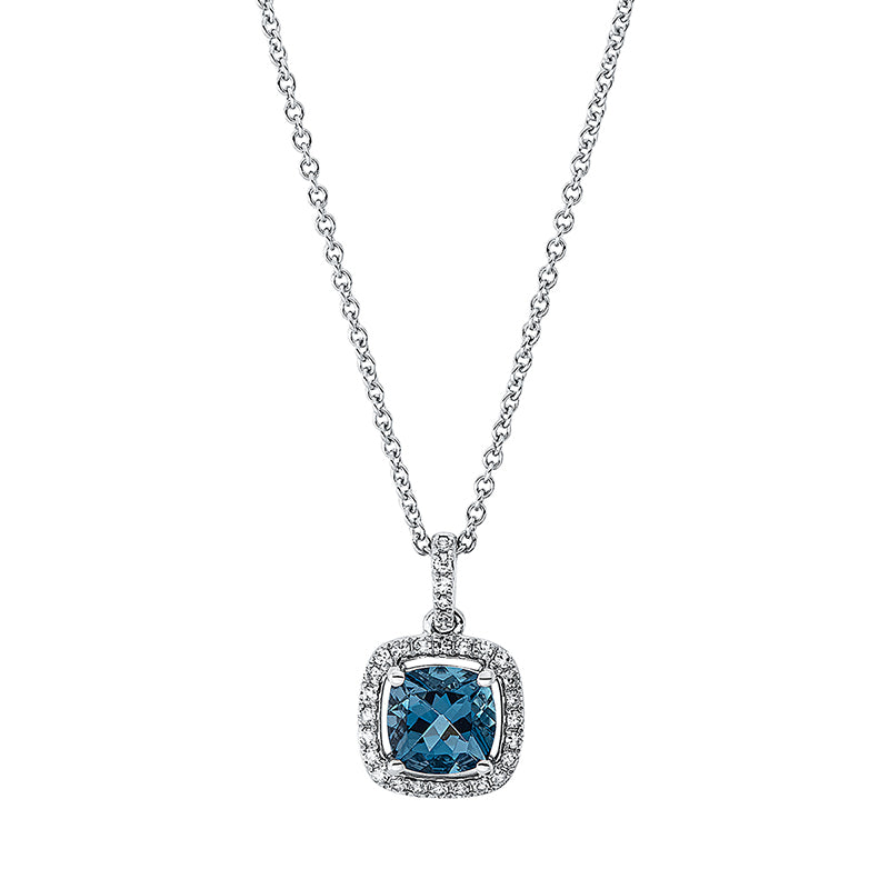 Collier 18 kt WG, mit ZÖ 42 cm, 29 Dia. 0,11 ct, TW-si, 1 Topas 1,11 ct Lond. blue