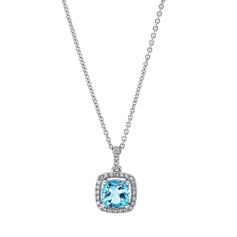 Collier 18 kt WG, mit ZÖ 42 cm, 29 Dia. 0,11 ct, TW-si, 1 Topas 1,17 ct blau
