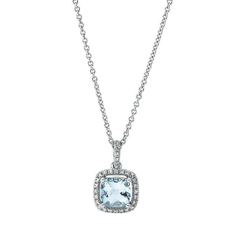Collier 18 kt WG, mit ZÖ 42 cm, 29 Dia. 0,11 ct, TW-si, 1 Aquamarin 0,94 ct blau