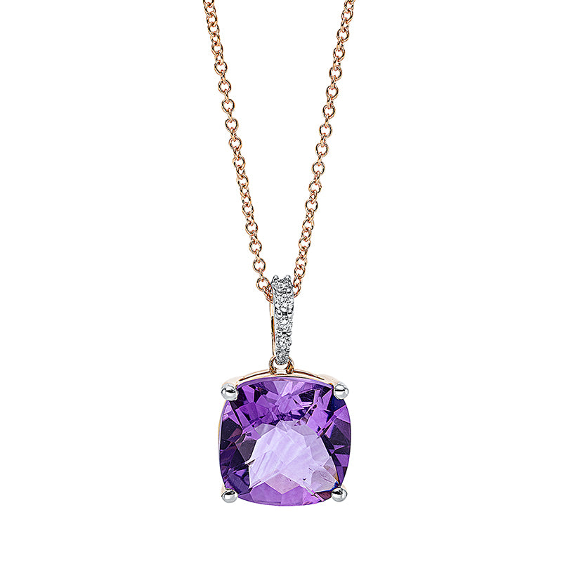 Collier 18 kt RG, mit ZÖ bei 41 cm, 4 Brill. 0,04 ct, TW-si, 1 Amethyst 3,84 ct lila