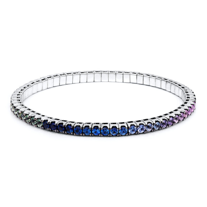 Armband 18 kt WG, Flex-Band, variabel, rhodinier, 65 Saphire 6,16 ct fancy
