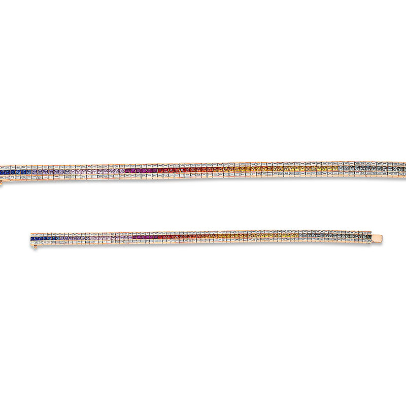 Armband 18 kt RG. 160 Baguette 1.86 ct. TW-si. 6 Rubine 0.40 ct rot. 74 Saphire 4.59 ct multicolor. L:18.0 cm