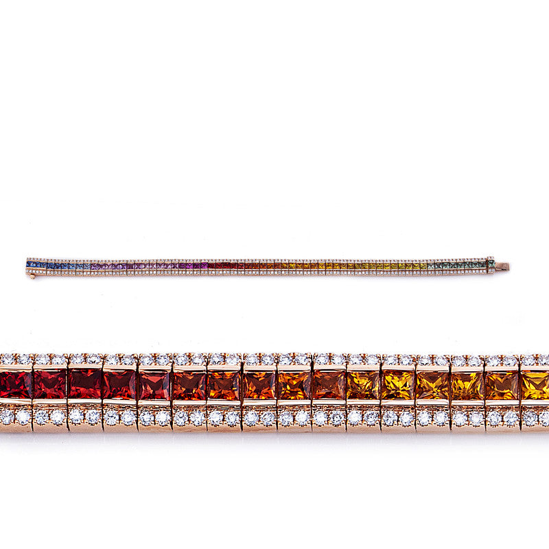 Armband 18 kt RG. 256 Brillanten 1.73 ct. TW-si. 58 Saphire 7.64 ct fancy. 6 Rubine 0.83 ct rot. L:18.0 cm