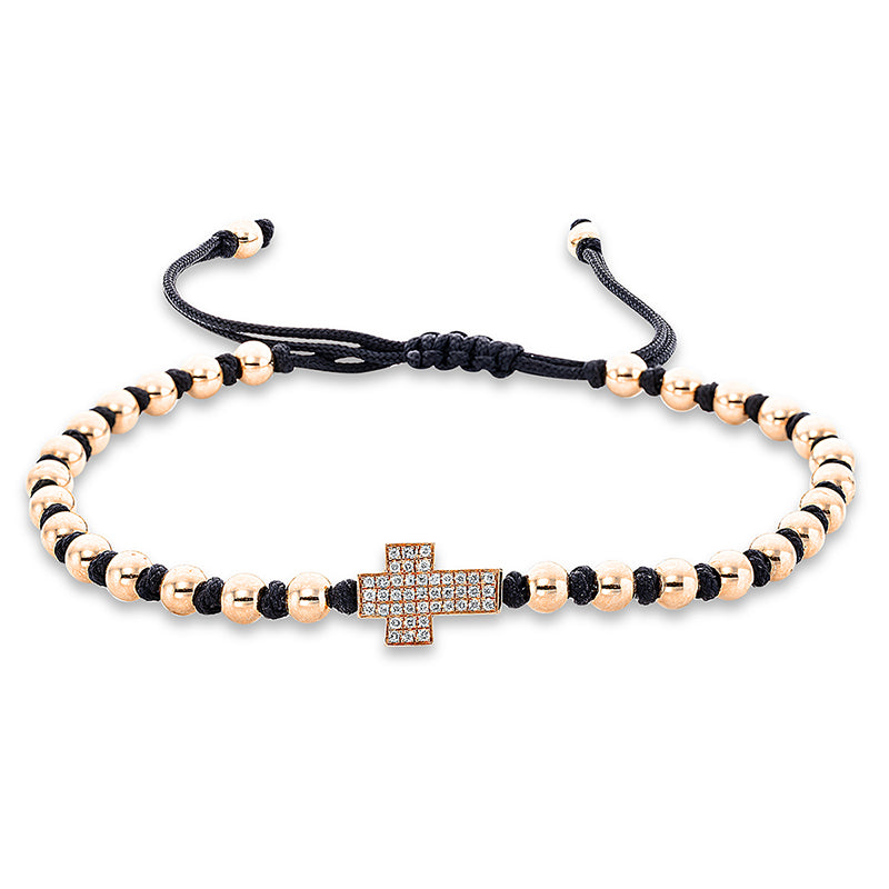Armband 18 kt RG Kreuz. black cord strap.gold ball. 42 Brillanten 0.13 ct. TW-si. L:31.0 cm