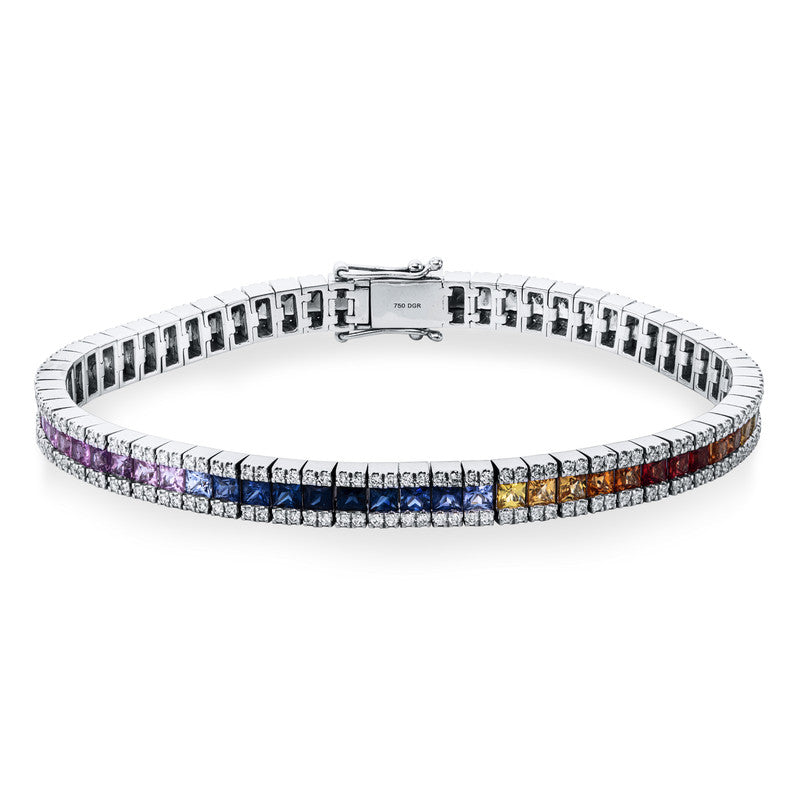 Armband 18 kt WG. 256 Brillanten 1.32 ct. TW-si. 64 Saphire 7.46 ct multicolor. B:5.4 mm. L:18.0 cm