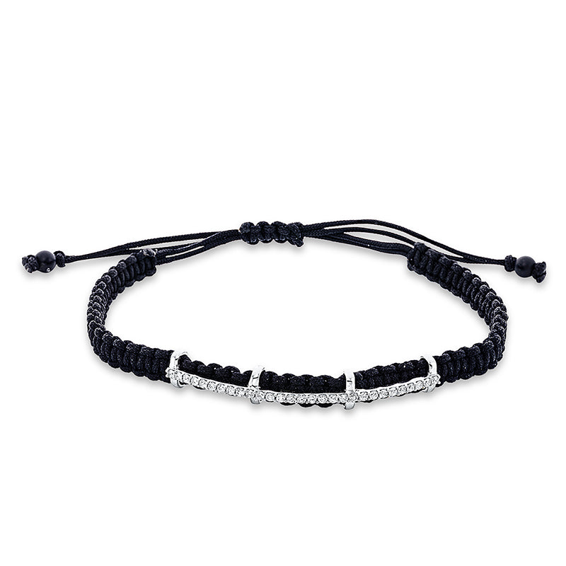 Armband 18 kt WG. black cord strap. 29 Brillanten 0.39 ct. TW-si. 2 Onyx 0.88 ct schwarz. L:31.0 cm