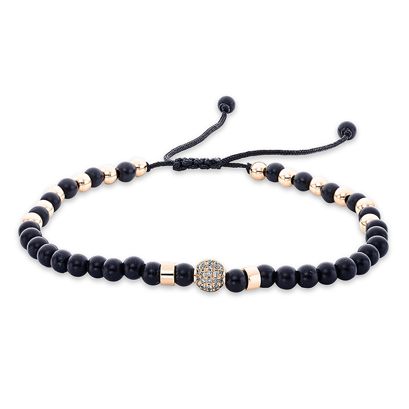 Armband 18 kt RG, black cord, 31 Brill. 0,17 ct, braun, 34 Onyx 14,61 ct schwarz
