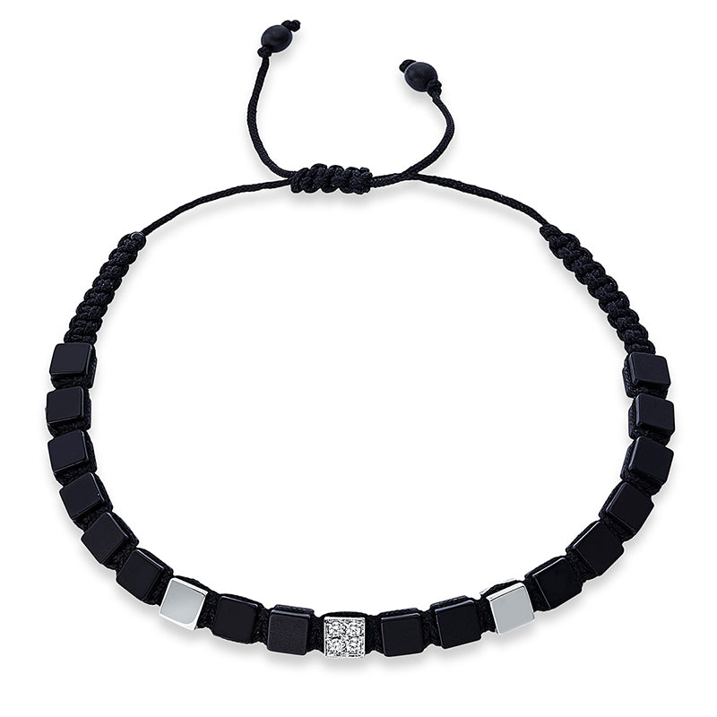 Armband 18 kt WG, black cord strap, 4 Brill. 0,11 ct, TW-si, 18 Onyx 16,44 ct schwarz