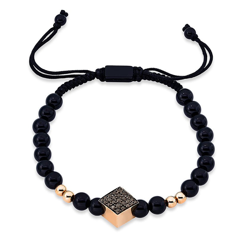 Armband 18 kt RG, gold Kugeln, black cord, 25 Brill. 0,42 ct, schwarz, 23 Onyx 32,37 ct schwarz