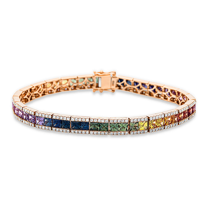 Armband 18 kt RG. 260 Brillanten 1.75 ct. TW-si. 52 Saphire 10.43 ct fancy. B:5.9 mm. L:17.8 cm. S:3.4 mm