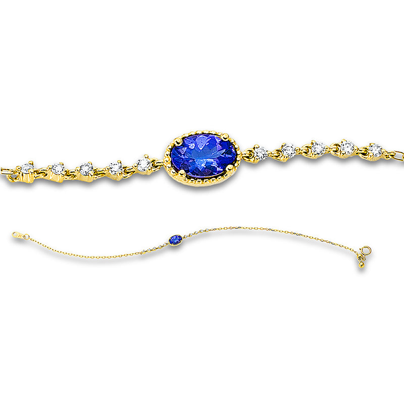 Armband 18 kt GG, 10 Brill. 0,10 ct, TW-si, 1 Tansanit 0,46 ct blau