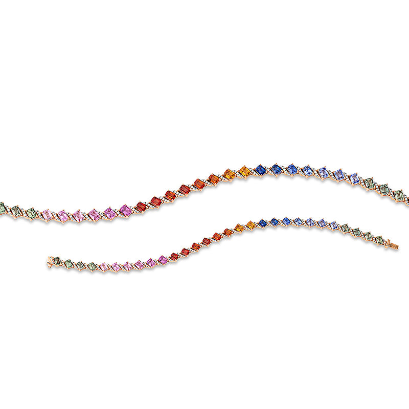 Armband 18 kt RG, 88 Brill. 0,28 ct, TW-si, 60 Brill. 0,15 ct, TW-si, 29 Saphire 8,31 ct multicolor