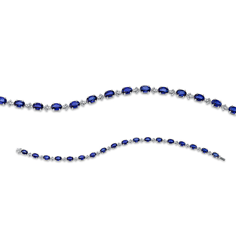 Armband 18 kt WG, 18 Brill. 0,11 ct, TW-si, 111 Brill. 0,28 ct, TW-si, 18 Saphire 11,27 ct blau