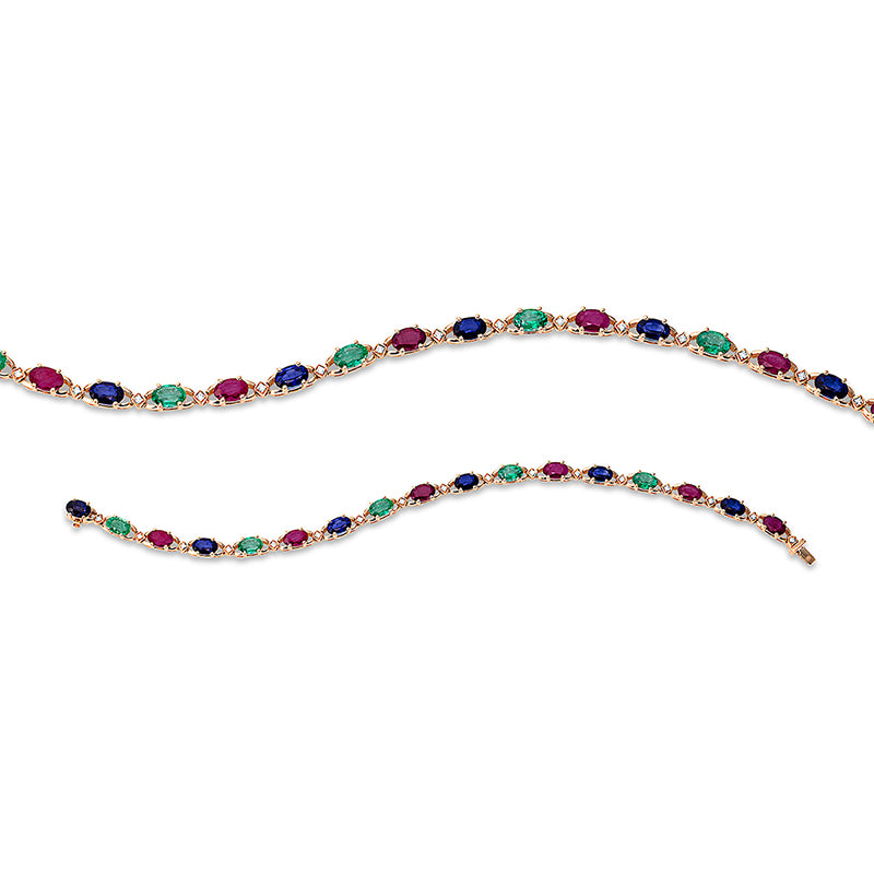 Armband 18 kt RG, 17 Brill. 0,12 ct, TW-pi, 6 Rubine 3,37 ct rot, 5 Smaragde 2,06 ct grün, 6 Saphire 3,36 ct blau