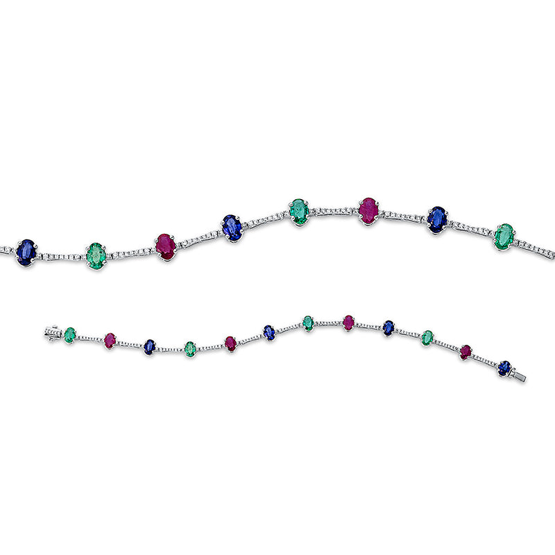 Armband 18 kt WG, 107 Brill. 0,48 ct, TW-pi, 4 Rubine 1,96 ct rot, 4 Smaragde 1,33 ct grün, 4 Saphire 2,49 ct blau