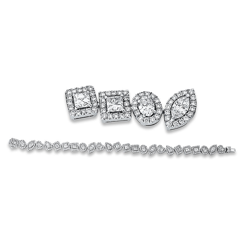 Armband 18 kt WG. 3 Sm.schliff 0.59 ct. D-vsi. 4 Assher 0.74 ct. D-vvs. 382 Brillanten 2.13 ct. D-vvs. 3 Princ. 0.57 ct. D-vsi. 3 Tropfen 0.58 ct. D-vsi. 4 Oval 0.77 ct. D-vsi. 4 Navette 0.85 ct. D-vsi. 4 Herzschl. 0.81 ct. D-vvs. L:16.5 cm