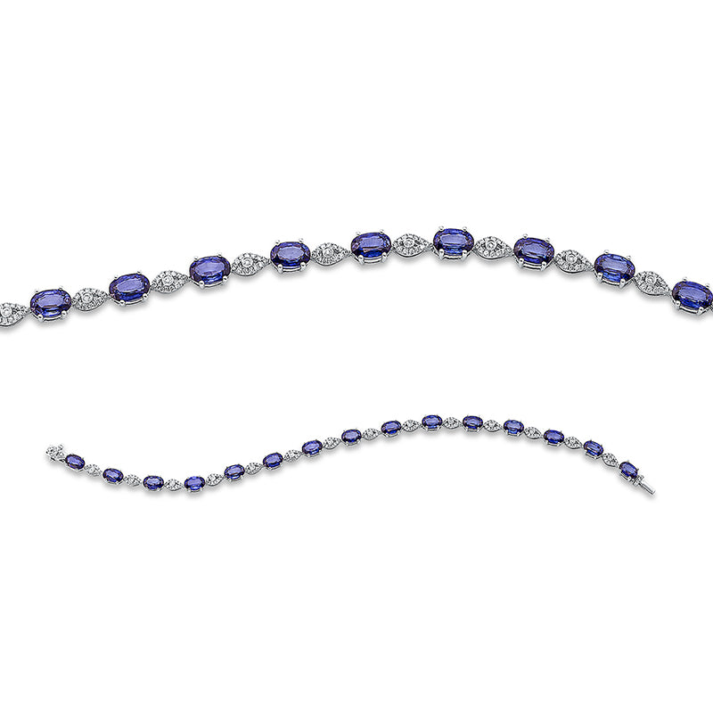 Armband 18 kt WG. 198 Brillanten 0.57 ct. TW-pi. 15 Saphire 9.24 ct blau. B:4.5 mm. L:18.5 cm. S:3.8 mm