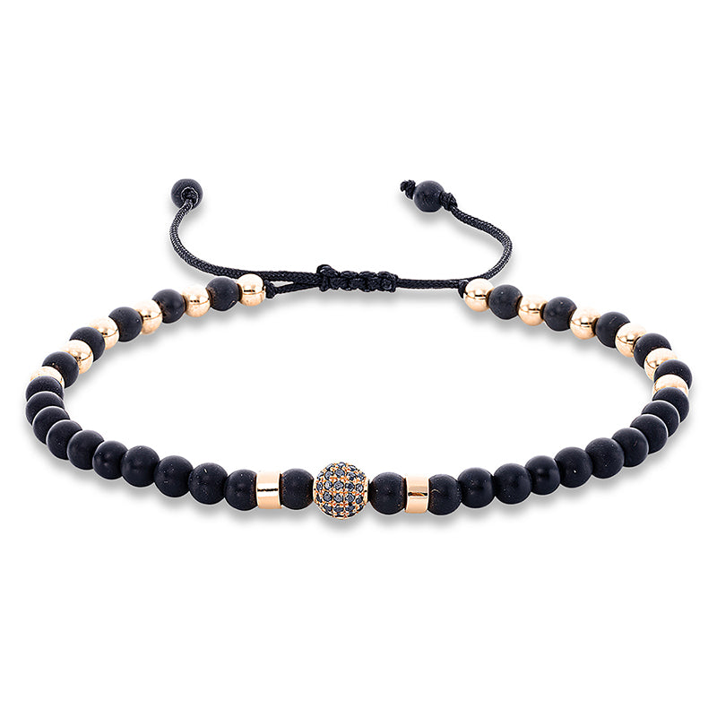 Armband 18 kt RG. black cord strap.gold ball. 31 Brillanten 0.14 ct. schwarz. 34 Onyx 16.94 ct schwarz. B:5.8 mm. L:31.0 cm. S:5.8 mm
