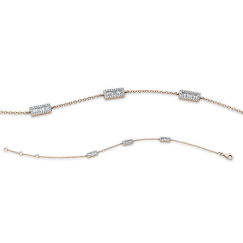 Armband 14 kt RG+WG. 18 Trapeze 0.17 ct. TW-si. 66 Brillanten 0.20 ct. TW-si. H:9.3 mm. B:3.7 mm. L:17.8 cm. S:1.5 mm
