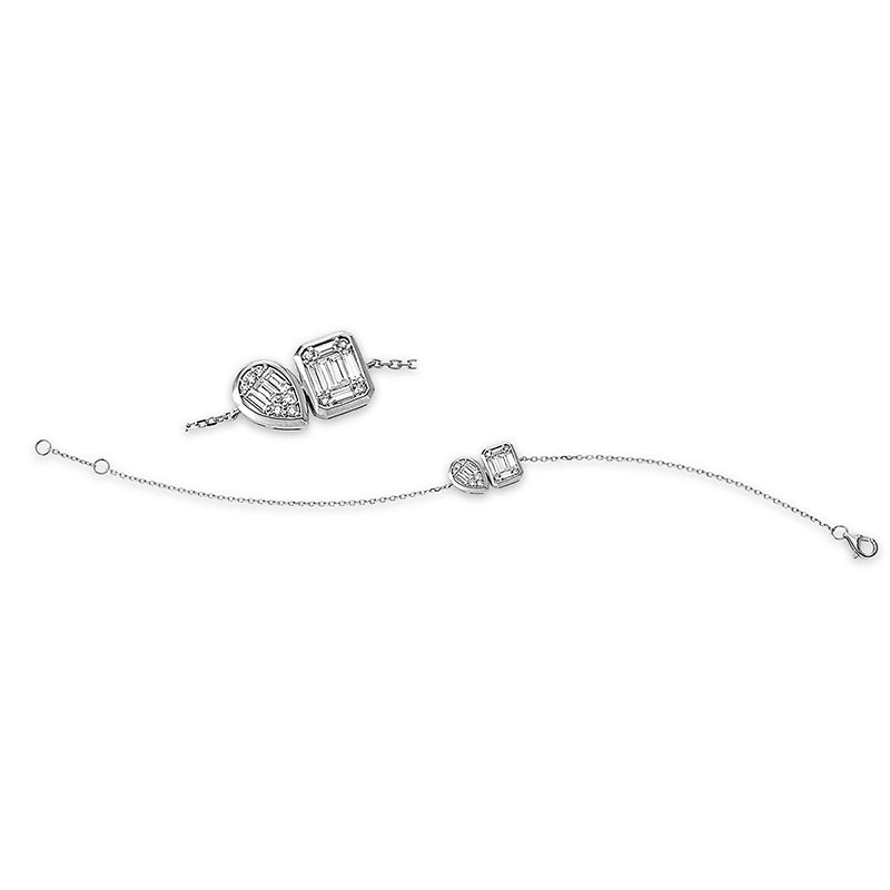 Armband 18 kt WG, mit ZÖ 16.5 cm, 4 Brill. 0,04 ct, TW-si, 9 Bag. 0,34 ct, TW-si, 6 Brill. 0,03 ct, TW-si