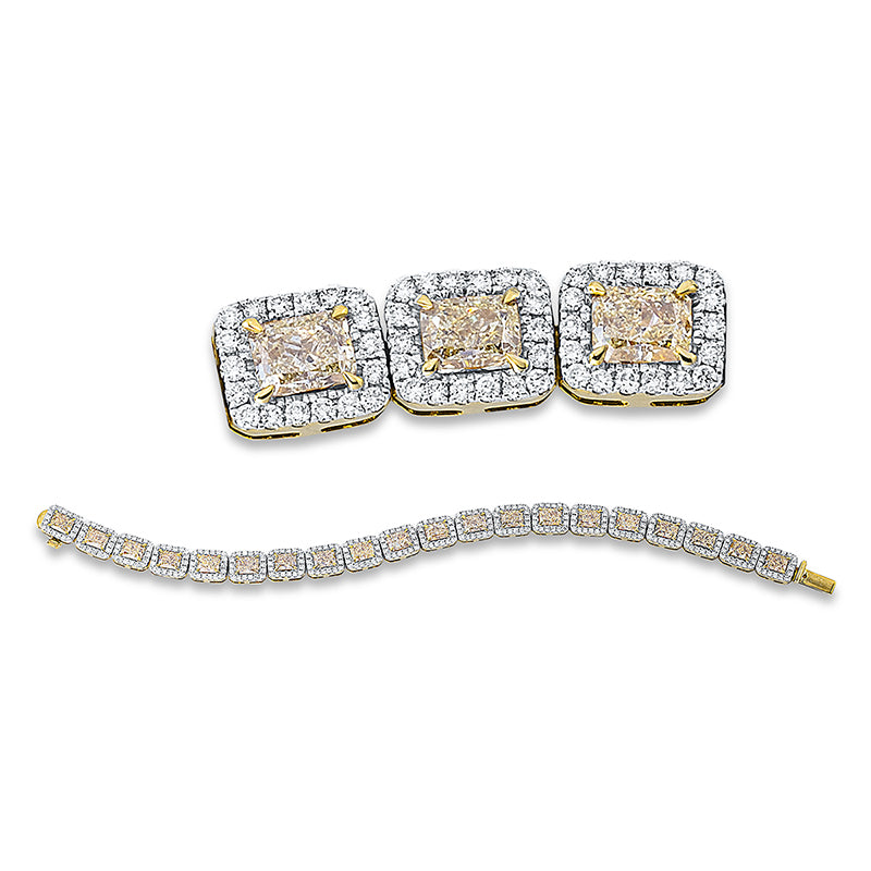 Armband 18 kt GG. 20 Radiant 8.48 ct. gelb-vsi. 360 Brillanten 2.25 ct. TW-vsi. B:6.4 mm. L:16.5 cm. S:3.5 mm
