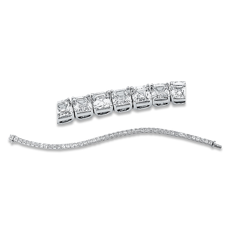 Armband 18 kt WG. 47 Assher 9.90 ct. D-vvs. B:3.7 mm. L:16.5 cm. S:3.7 mm