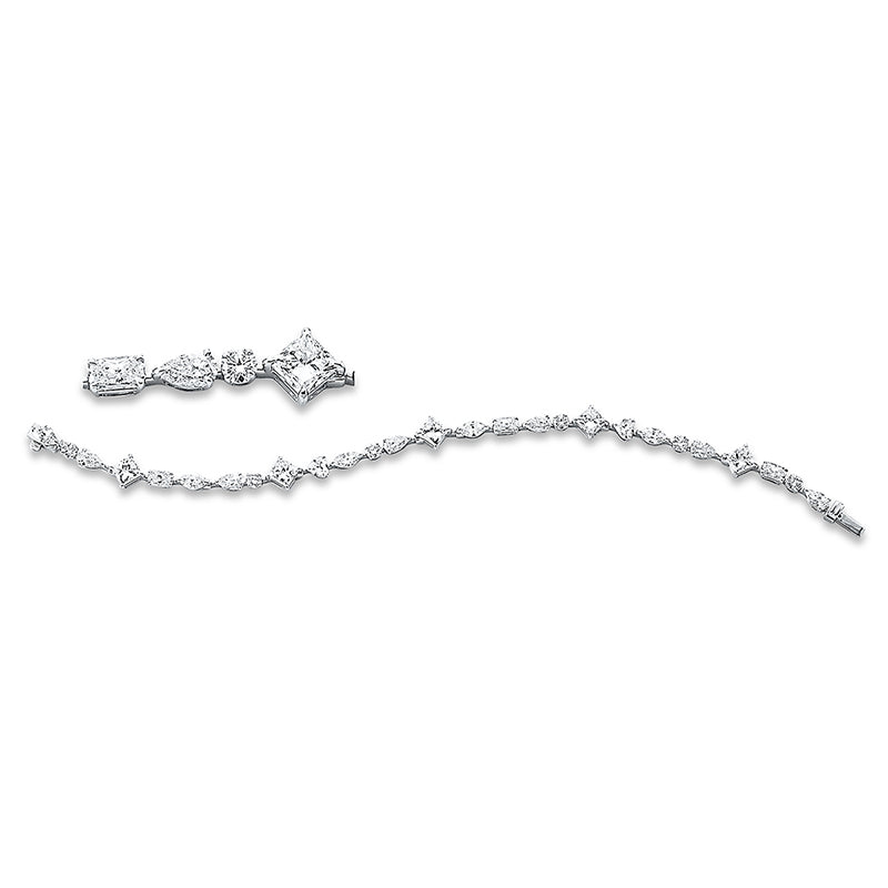 Armband 18 kt WG, 5 Princ. 3,60 ct, F-vsi, 5 Navette 1,21 ct, F-vsi, 2 Herzschl. 0,54 ct, F-vsi, 6 Tropfen 1,46 ct, F-vsi, L:17,0 cm