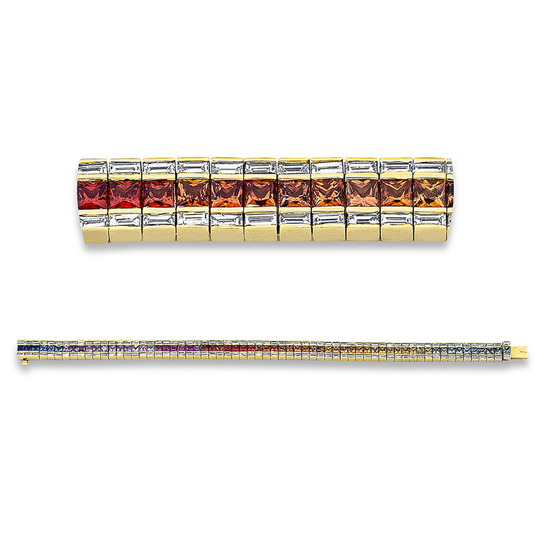 Armband 18 kt GG. 128 Baguette 3.14 ct. TW-si. 56 Saphire 6.94 ct fancy. 8 Rubine 0.87 ct rot. L:18.0 cm