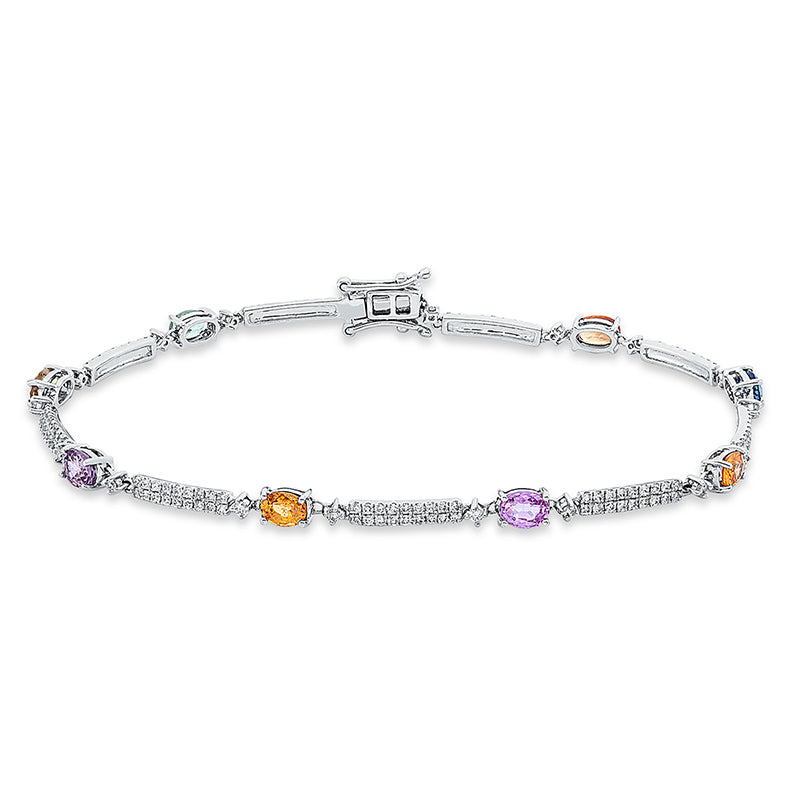 Armband 18 kt WG, 17 Brill. 0,13 ct, TW-si, 162 Brill. 0,58 ct, TW-si, 9 Saphire 2,11 ct fancy