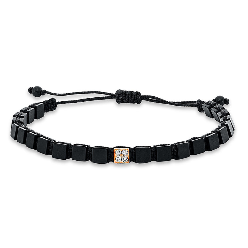 Armband 18 kt RG. black cord strap. 4 Brillanten 0.12 ct. braun. 24 Onyx 22.27 ct schwarz. B:5.2 mm. L:31.0 cm. S:3.6 mm