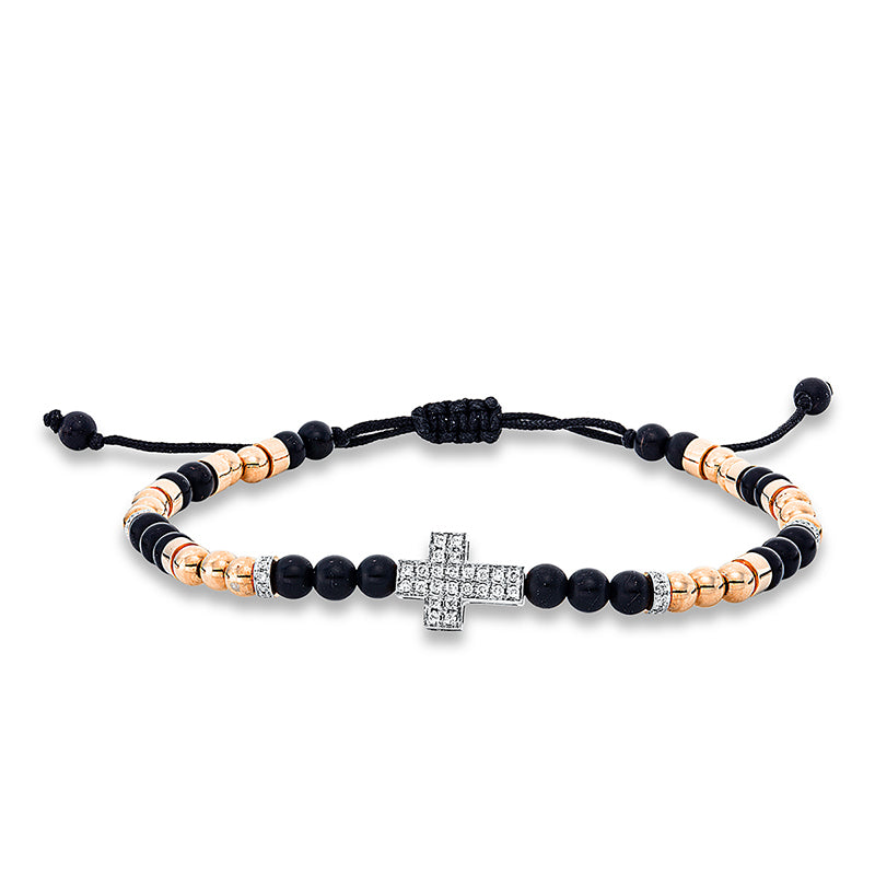 Armband 18 kt RG, gold Kugeln, black cord strap, 64 Brill. 0,30 ct, TW-si, 22 Onyx 11,29 ct schwarz