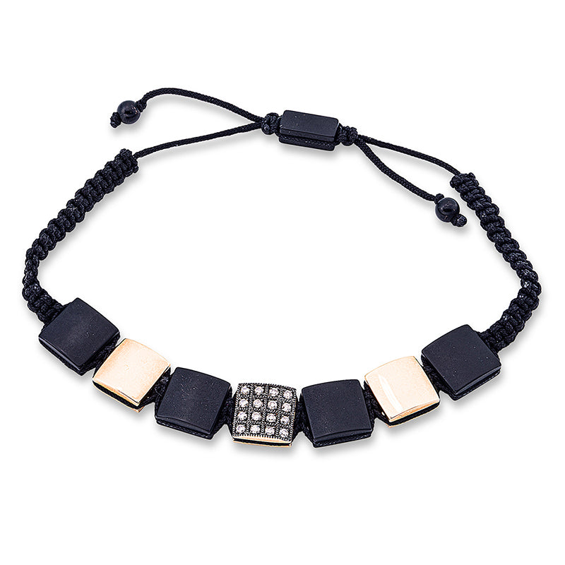 Armband 18 kt RG, Fassung schwarz, black cord, 16 Brill. 0,26 ct, braun, 7 Onyx 18,70 ct schwarz