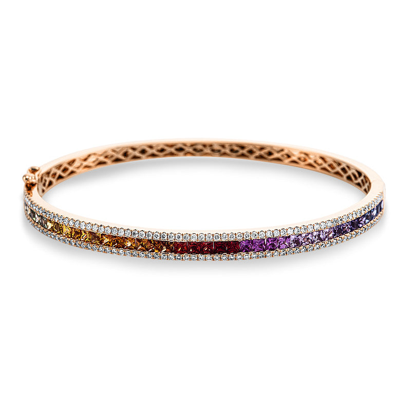Armreif 18 kt RG, 134 Brill. 0,75 ct, TW-si, 4 Rubine 0,30 ct rot, 34 Saphire 2,34 ct fancy