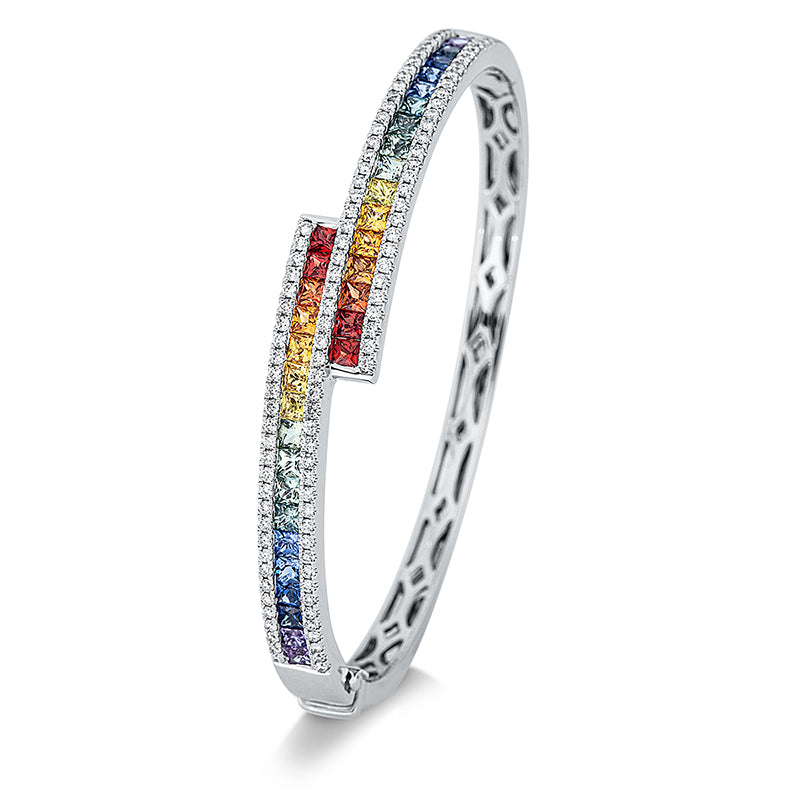 Armreif 18 kt WG, 109 Brill. 0,80 ct, TW-si, 34 Saphire 3,14 ct multicolor