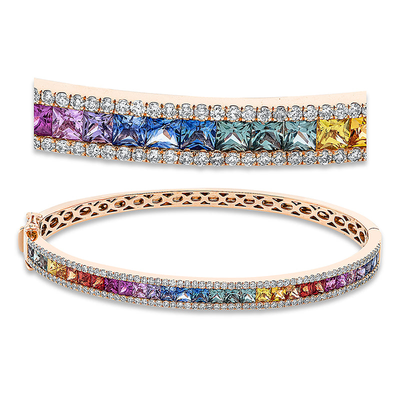 Armreif 18 kt RG, 130 Brill. 0,93 ct, TW-si, 30 Saphire 4,10 ct multicolor