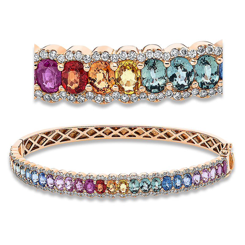 Armreif 18 kt RG, 176 Brill. 0,74 ct, TW-si, 28 Saphire 6,36 ct multicolor