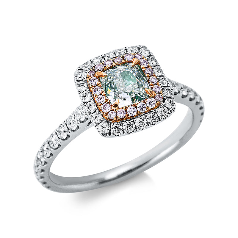 Ring 18 kt WR, 20Br. 0,34ct, 56Br. 0,23ct, TW-vsi/si, 20Br. 0,08ct, pi, 1Cush 0,56ct, grün
