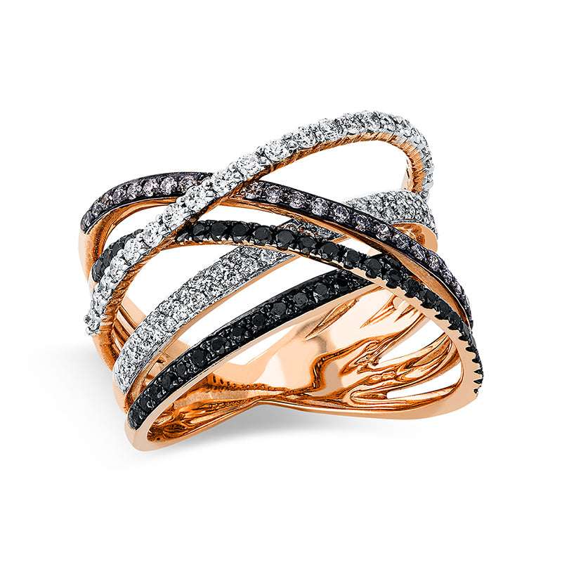 Ring 18 kt RG+WG. teils schwarz rhodiniert. 74 Brillanten 0.48 ct. TW-si. 27 Brillanten 0.16 ct. braun. 24 Brillanten 0.15 ct. schwarz. 27 Brillanten 0.24 ct. schwarz. Weite:54