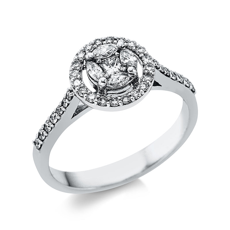 Ring 18 kt WG, 1 Princ. 0,08 ct, TW-vsi/si, 4 Nav. 0,15 ct, TW-vsi/si, 34 Brill. 0,27 ct, TW-vsi/si