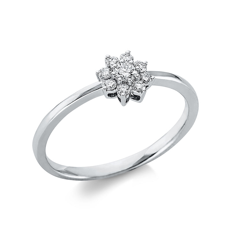 Ring 18 kt WG. 1 Brill. 0.07 ct. TW-si. 8 Brillanten 0.13 ct. TW-si. Ø:6.6 mm. Weite:54