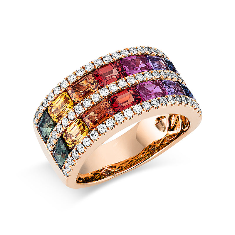 Ring 18 kt RG, 66 Brill. 0,51 ct, TW-si, 14 Saphire 3,61 ct fancy