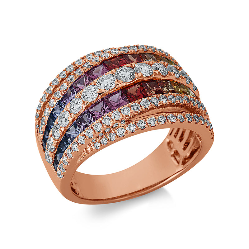 Ring 18 kt RG, 97 Brill. 1,16 ct, TW-si, 30 Saphire 1,89 ct fancy