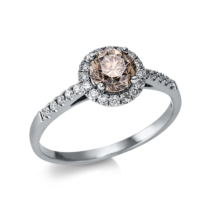 Ring 4er-Krappe 18 kt WG. 26 Brillanten 0.29 ct. TW-si. 1 Brill. 1.00 ct. braun. H:8.7 mm. B:8.4 mm. Weite:60