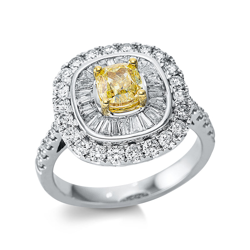 Ring 4er-Krappe 18 kt WG+GG. GIA 1429210367. 23 Baguette 0.41 ct. TW-si. 1 Cushion 1.00 ct. gelb-pi. 32 Brillanten 0.83 ct. TW-si. Weite:54