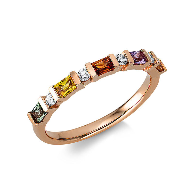 Ring 18 kt RG, 4 Brill. 0,10 ct, TW-si, 5 Saphire 0,52 ct fancy